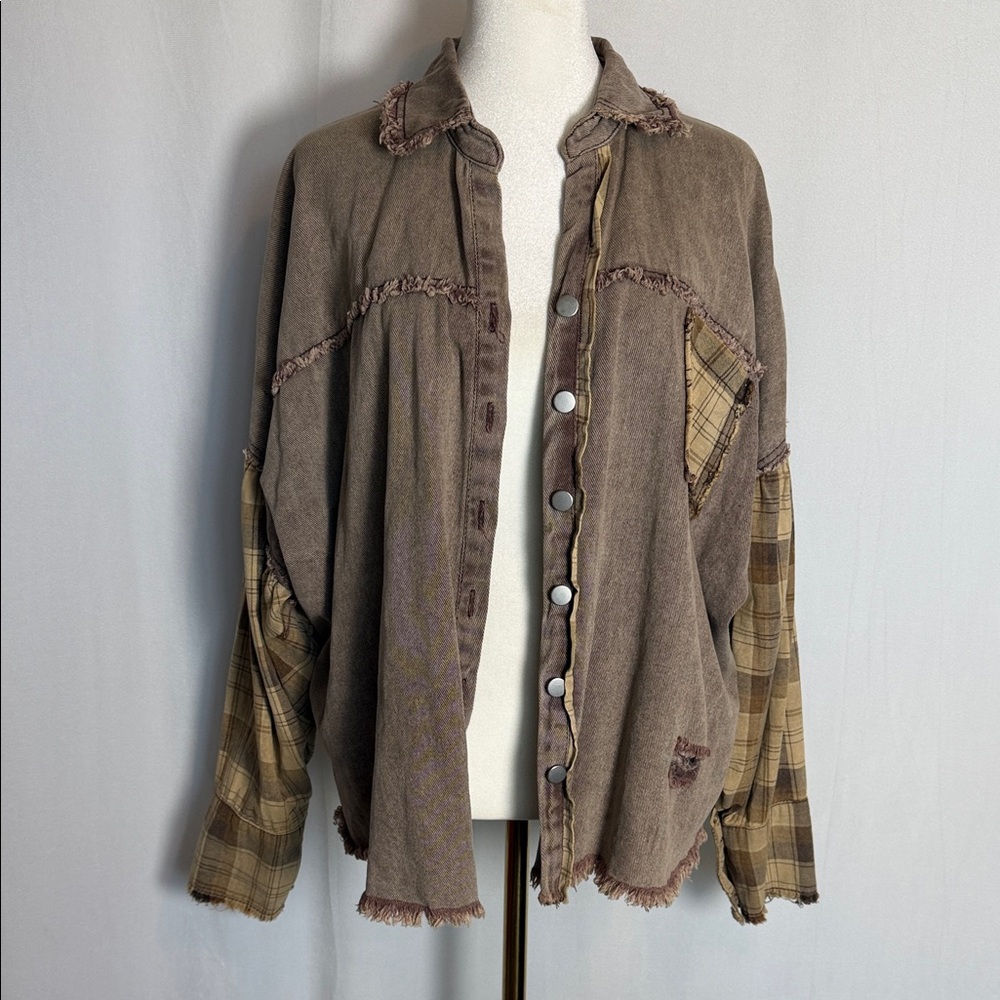 POL Plaid Patchwork Button-Up Jacket Size S Overs… - image 2